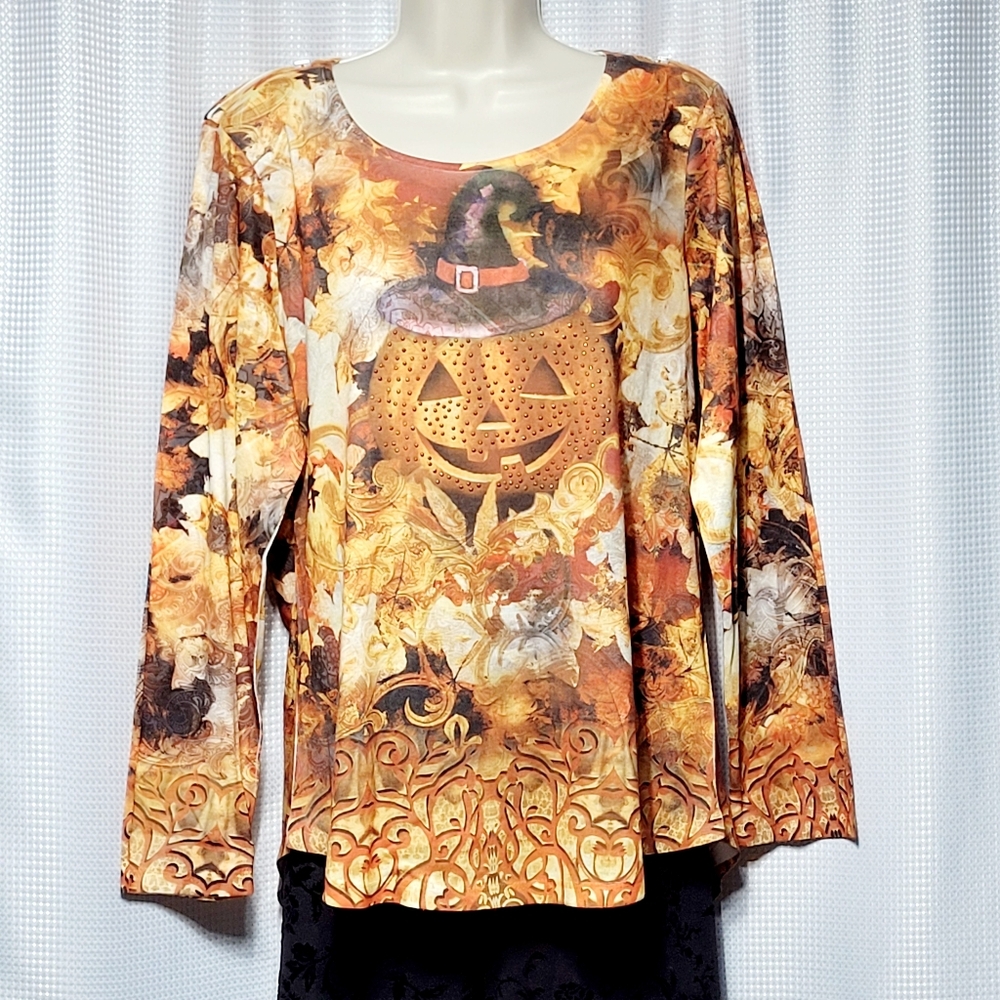 NWOT One World Halloween Bedazzled Pumpkin Tunic Hi-Low Hem Women's (L)